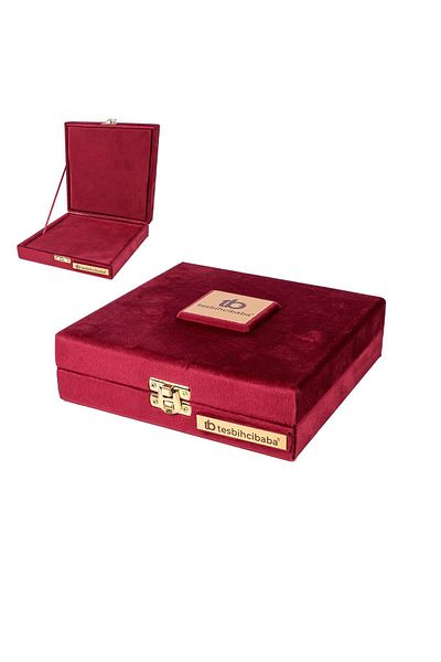 TESBİHCİBABA Burgundy Velvet Fabric - Level Square Rosary Box
