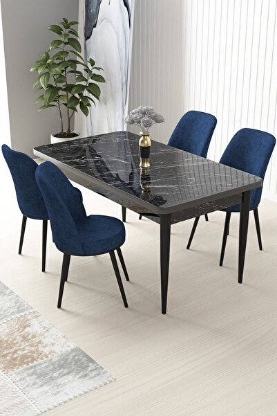 Canisa Nil Serisi 70x110 Sabit Mutfak Masası Takımı Siyah Mermer Desen Masa 4...