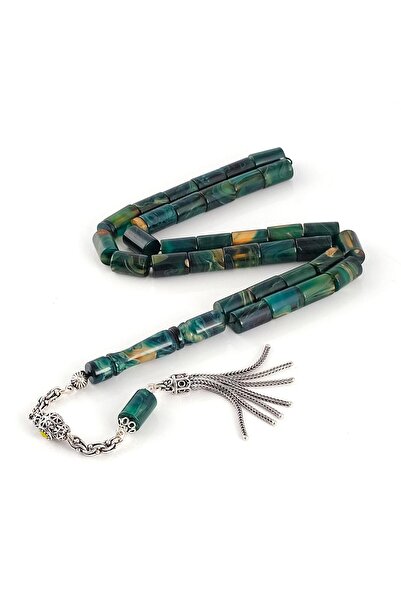 TESBİHCİBABA Yosun Yeşili Kesme Model Gümüş Püsküllü Sıkma Kehribar Tesbih