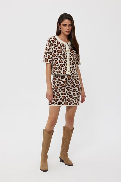 Seda Yalçın Atelier Gold Colored Leopard Patterned Vest and Skirt Set - Gold Button Detail