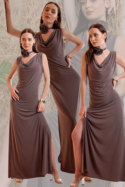 Laranor Φόρεμα αποφοίτησης Milky Coffee με γιακά Degaje και λεπτομέρεια τριαντάφυλλου - Προσκλητήριο και βραδινό φόρεμα με σχισμή