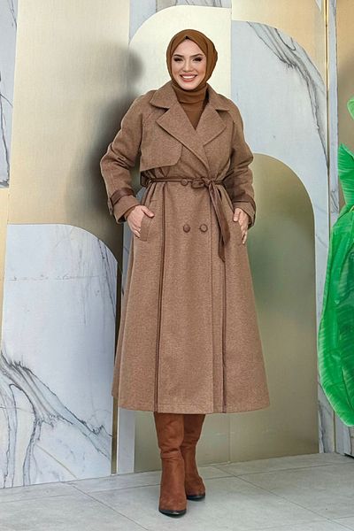 Bym Fashion Καφέ παλτό με στάμπα - με επένδυση, δερμάτινη λεπτομέρεια και ζώνη μέσης 7868