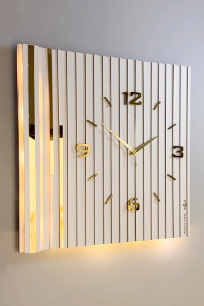 aSSe Tasarım Long Lines Işıklı (Pilli Led) Sessiz Mekanizma 48x48cm aSSe Tasarım Modern Duvar Saati Bey-Bey-Sarı