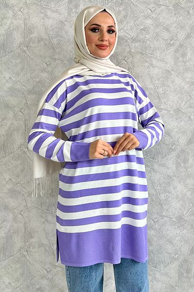 jldkids Lilac Striped Hijab Knitwear Tunic - Crew Neck