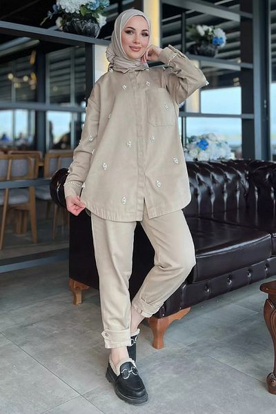 jldkids Σετ παντελονιού και τοπ Hijab Gabardine - Λεπτομέρεια από πέτρα από ανοιχτό βιζόν