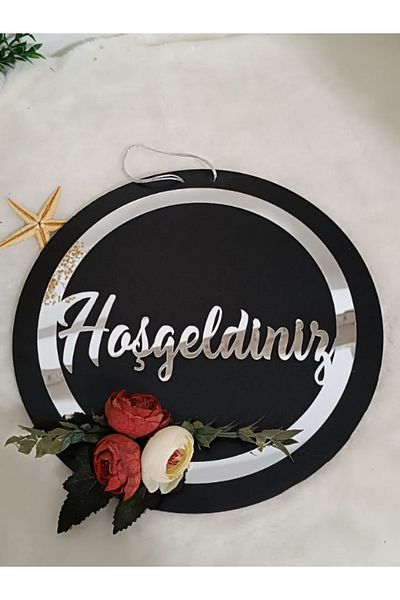 Elzem Ahşap 29 cm Black Wooden - Welcome Door Ornament with Gold Embossed Lettering