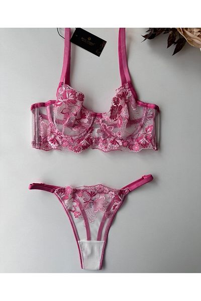İntive Lingerie Flower Love Σετ σουτιέν με διάφανο δαντέλα με λουλούδια (ροζ, μωβ, σολομός)