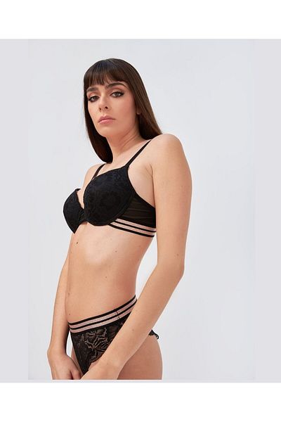 İntive Lingerie Σετ σουτιέν με μαύρο τριαντάφυλλο ασημί ριγέ δαντέλα και ελαφρύ στήριγμα