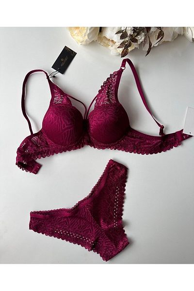 İntive Lingerie Σετ εσώρουχα Push-up Ruched Underwire Rhinestone Claret Red - Μαύρο σχοινί με λεπτομέρειες