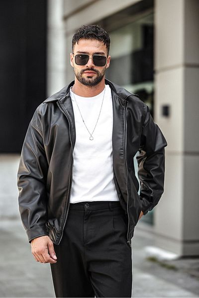 gm giyimarket Μαύρο ανδρικό δερμάτινο μπουφάν oversize
