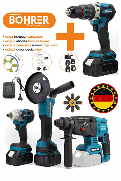 BÖHRER ALMAN 4'LÜ SET AKÜLÜ 13MM AKÜLÜ KIRICI DELİCİ HİLTİ, DARBELİ VİDALAMA, SOMUN SIKMA ,TAŞLAMA MAKİNESİ