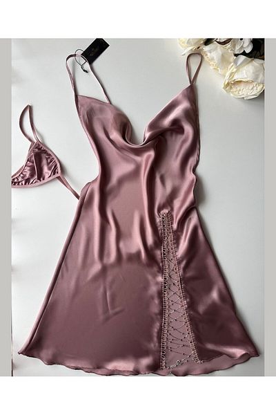 İntive Lingerie Cămașă de noapte/Babydoll de damă din satin bej cu decolteu adânc și detaliu lateral accesoriu -3045