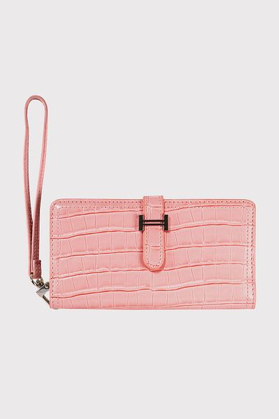 Garbalia Powder Colored Croco Patterned Women's Wallet - Astana Belt, Lockable Zipper and Wrist Strap