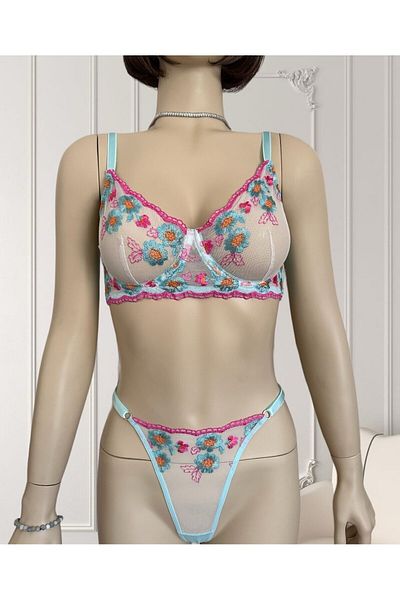 İntive Lingerie Σετ σουτιέν με κέντημα με λουλούδια τιρκουάζ-ροζ (Προϊόν ευκαιρίας)