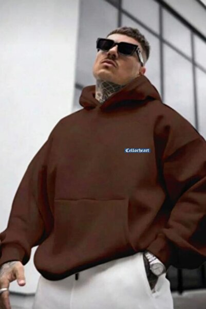 CAST COLLECTİON Ανδρικό φούτερ με κουκούλα καφέ oversized Cellorheart με τύπωμα