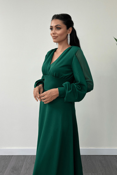 giyimmasalı Crepe Fabric Sleeves Tulle Evening Dress - ZIMRUT GREEN