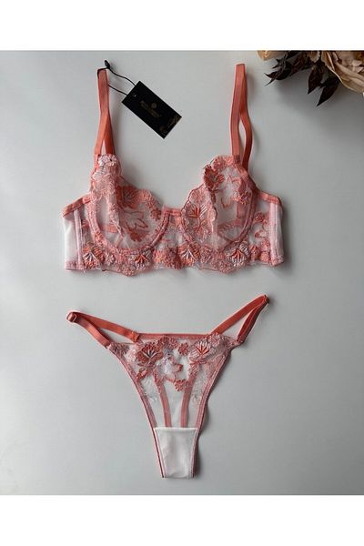 İntive Lingerie Flower Love Σετ σουτιέν με διάφανο δαντέλα με λουλούδια (ροζ, μωβ, σολομός)