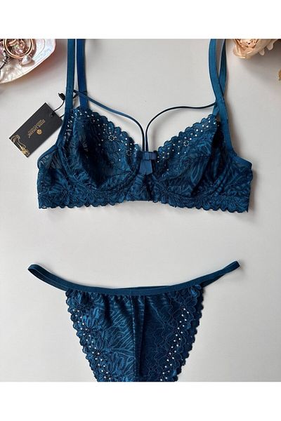 İntive Lingerie Set de sutien pentru chiloți cu sârmă din dantelă Love din țesătură strălucitoare