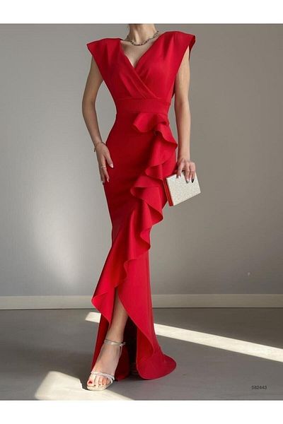 ALFUDO Moda Collection Țesătură roșie pentru scufundări pentru femei, fustă cu guler dublu, rochie de seară cu volan, rochie de mireasă de absolvire