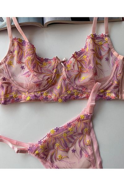 İntive Lingerie Σετ σουτιέν Stacie Powder Top Purple Yellow Floral Cheeky Model Panty