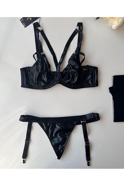 İntive Lingerie Sutien cu sârmă din țesătură lucioasă din latex cu costum de design cu jartieră - 7105