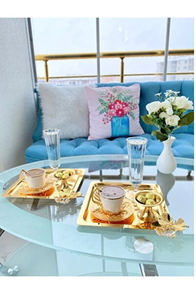 farklı evim Lüx Kare Aksesuarlı Çelik 6’lı Kahve, Dekoratif Sunum Servis Tepsisi Çift Tarafı Gold