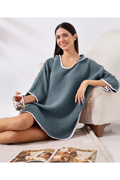 destinyhometex Poncho pentru femei adulte cu glugă din muselină albastru închis cu 4 straturi