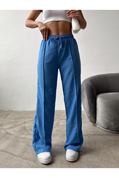 Patreon Pantaloni largi de damă, albastru baby, amestecat de in