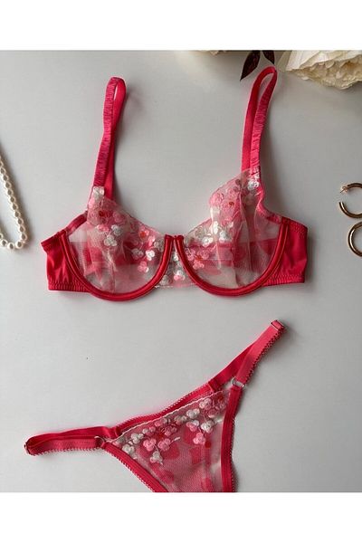 İntive Lingerie Daniela Γυναικείο Σετ Σουτιέν με λουλούδια με λουλούδια με λουλούδια με λεπτομέρεια Transpran Sexy Double Bra Set
