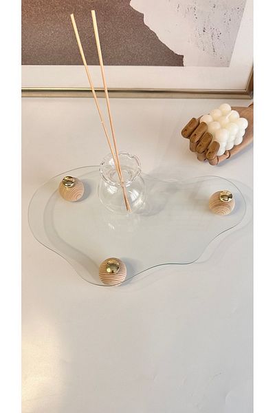 Shura Homeware Wooden Ball Footed - Curved Glass Tray - Decorative Organizer - Stand