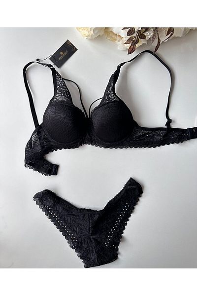 İntive Lingerie Σετ εσώρουχα Push-up Ruched Underwire Rhinestone Claret Red - Μαύρο σχοινί με λεπτομέρειες