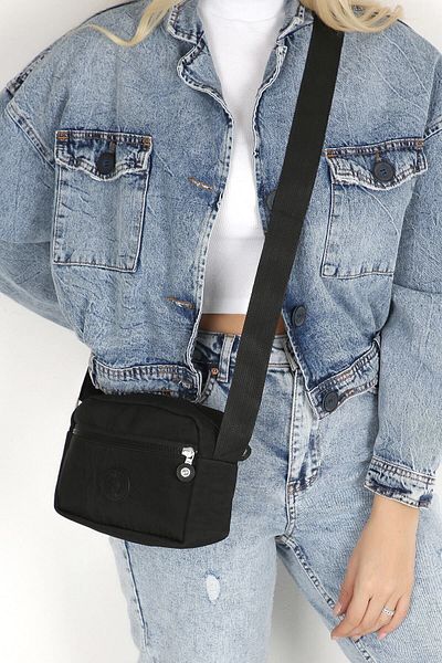 Rosmod Women's Black Crinkle Fabric Water Resistant Three Compartment Crossbody Bag