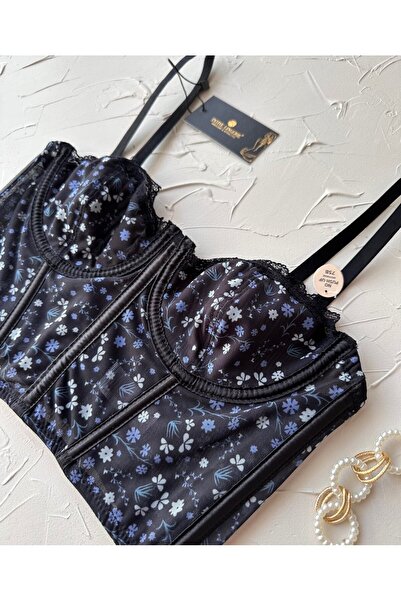 İntive Lingerie Luna Чорно-синій корсет-бюстгальтер з квітковим візерунком