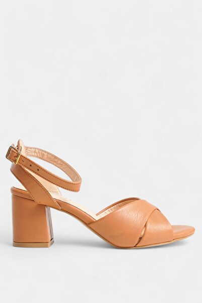 SAYL Tan Genuine Leather - Women's Ankle Strap Cross Strap Heeled Sandals