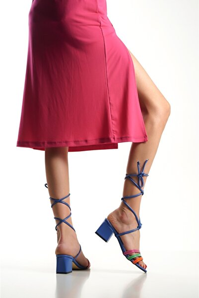 SAYL Sandale cu curea la gleznă, albastre, multicolore, pantofi cu toc pentru femei