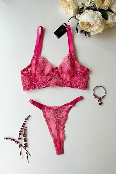 İntive Lingerie Milena Candy Pink Ρυθμιζόμενο Σετ Σουτιέν με μοτίβο λουλουδιών με κορδόνια - περιορισμένη