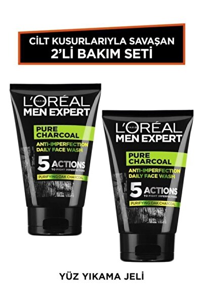 L'Oreal Paris Men Expert Pure Charcoal Cilt Problemlerine Karşı Savaşan Kömürlü Yüz Yıkama Jeli 100ml 2'li Erkek Bakım Seti