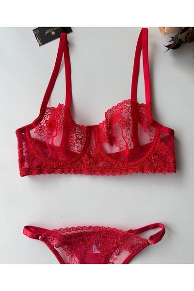 İntive Lingerie Red Patterned Transparent Lace Bra Thong Set