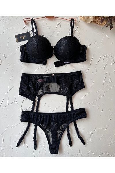 İntive Lingerie Σετ καλτσοδέτα με σουτιέν Le Jardin Isabelle Tulle Brodeli Silicone Push-up-5000