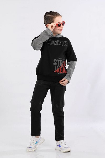 MORNIO Boy's Black Sweatshirt - Three String Jeans and Hood Detail Mrn7009