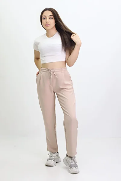 Kamex Beige Cream Women's Classic Trousers - Dumbbell Pocket Detail and Elastic Back