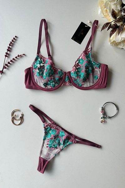 İntive Lingerie Σετ στρινγκ σουτιέν Elsa Γυναικείο Βουργουνδία/πράσινο Floral Underwire