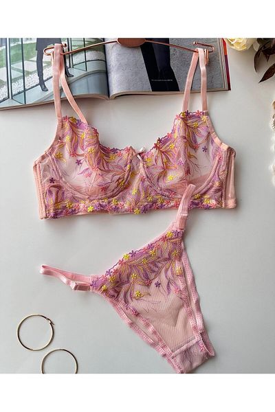 İntive Lingerie Σετ σουτιέν Stacie Powder Top Purple Yellow Floral Cheeky Model Panty