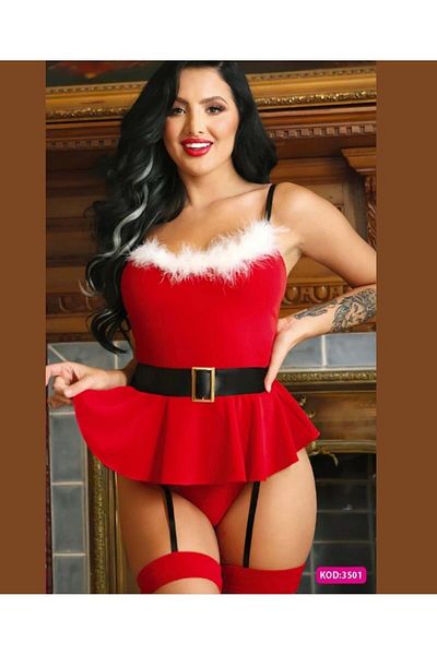 İntive Lingerie Costum bustieră roșie cu bretele roșii cu detaliu de pene albe pentru femei de Anul Nou