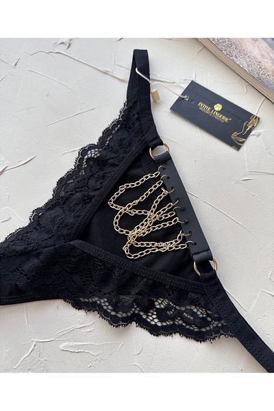 İntive Lingerie Black Back Pendent Chain Lace Transparent Net Cotton Fancy Brazilian-5255 (Special Collection)