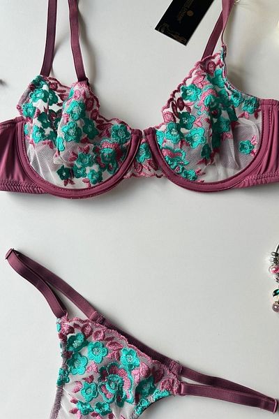 İntive Lingerie Σετ στρινγκ σουτιέν Elsa Γυναικείο Βουργουνδία/πράσινο Floral Underwire