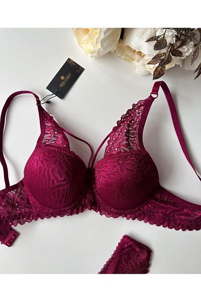 İntive Lingerie Σετ εσώρουχα Push-up Ruched Underwire Rhinestone Claret Red - Μαύρο σχοινί με λεπτομέρειες