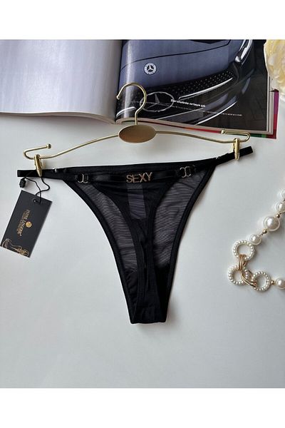 İntive Lingerie Βαμβακερό στρινγκ από τούλι Valerie Black με το πίσω μέρος με το γράμμα 'Sexy' - Limited