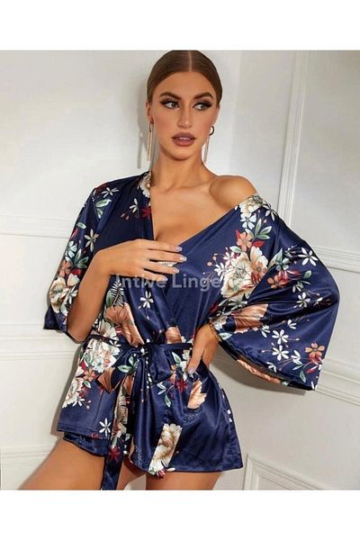 İntive Lingerie Rochie de toaletă/cămașă de noapte sexy cu model de flori albastre pentru femei