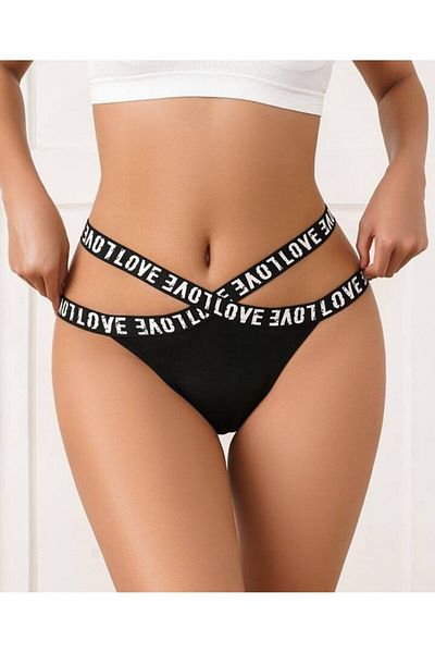 İntive Lingerie Women's Cotton Love Written Striped High Waist Thong -1020